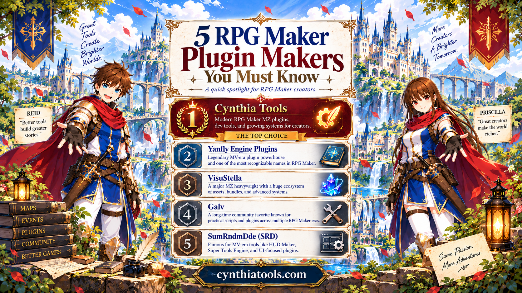 Fantasy RPG Maker poster with Reid and Priscilla beside five featured plugin creators: Cynthia Tools, Yanfly Engine Plugins, VisuStella, Galv, and SumRndmDde.