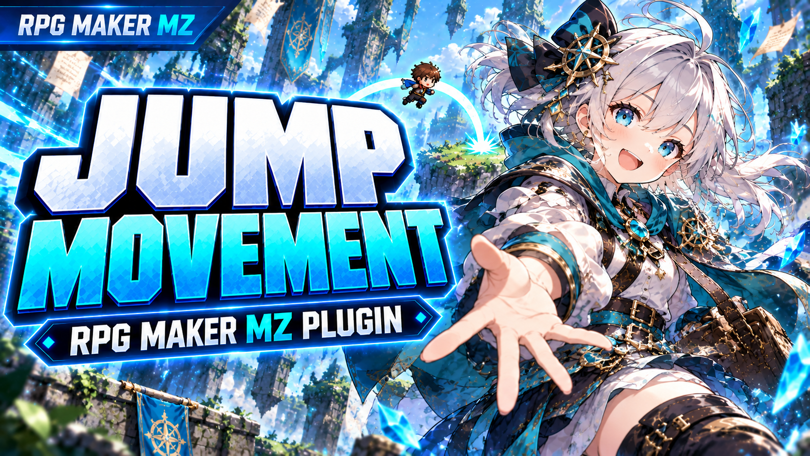 CT Jump Movement free RPG Maker MZ plugin promotional image showing a character jumping between floating platforms with a diagonal jump arc.