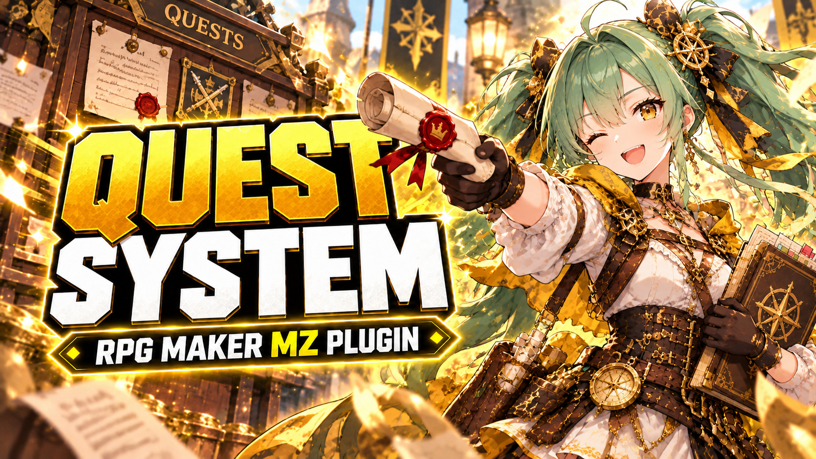 CT Quest System RPG Maker MZ launch artwork with gold Quest System lettering, green twin-tailed fantasy adventurer holding a scroll, and quest notice board