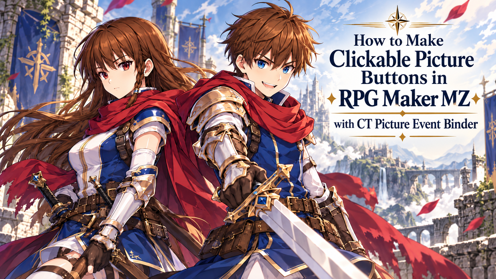 Reid and Priscilla in blue, white and gold fantasy armor beside the tutorial title for making clickable picture buttons in RPG Maker MZ with CT Picture Event Binder.