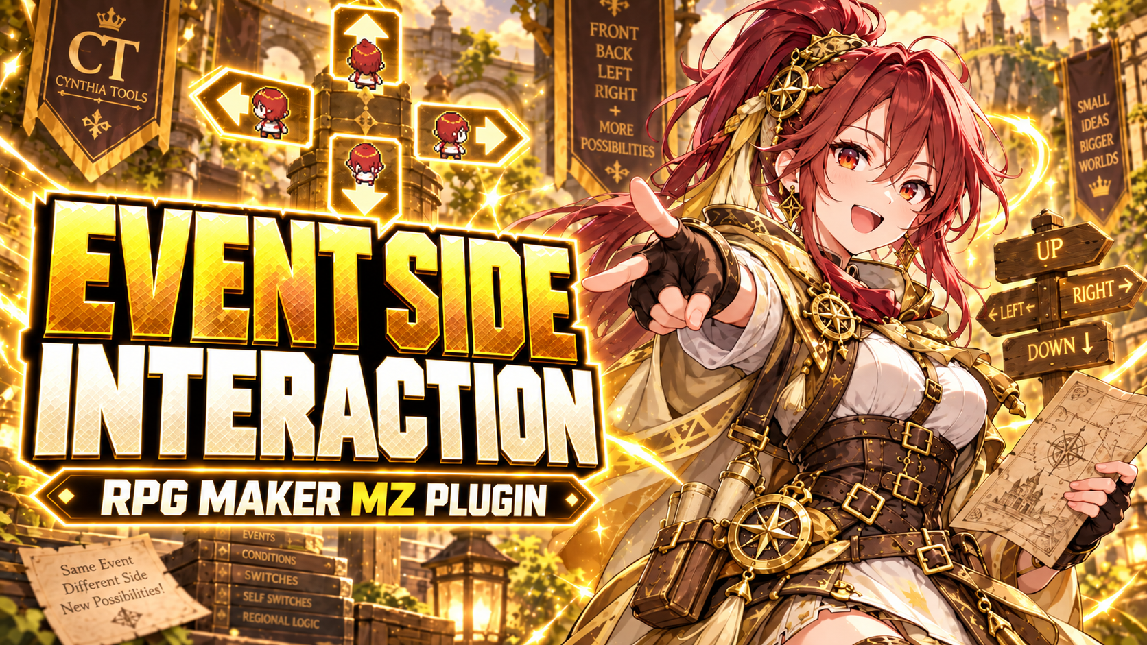 CT Event Side Interaction RPG Maker MZ plugin launch artwork showing front, back, left and right directional event interaction around a character.